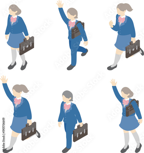 High School Students in Uniform Vector. Isometric Characters for Entrance Ceremony and New School Year