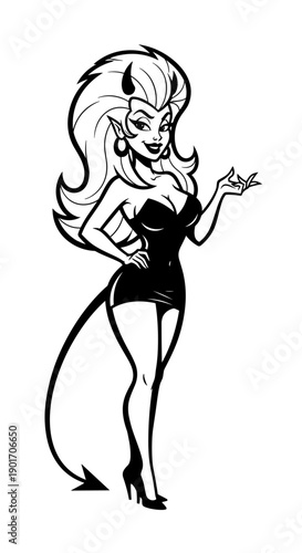 Elegant Devil Woman Character with Horns and Tail Black Silhouette Illustration