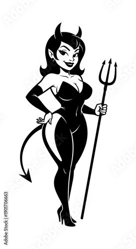 Sexy Devil Woman Character with Horns and Pitchfork Silhouette Illustration