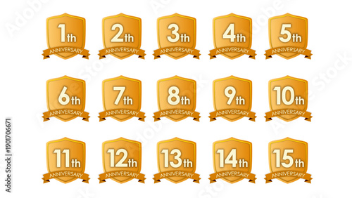 Anniversary Icon Set 02 with Gold Base and Ribbon (1st–15th) : anniversary, icon, set, gold, ribbon, badge, label,celebration, event, 
