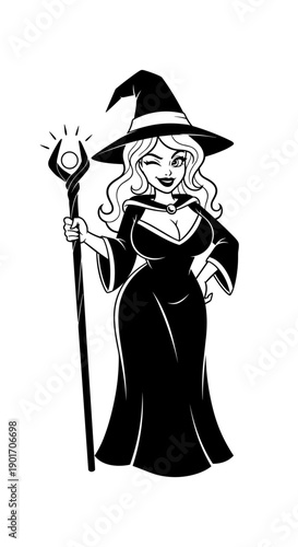 Cartoon Witch Character with Hat and Staff Black Silhouette Illustration