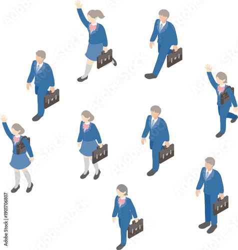 High School Students in Uniform Vector. Isometric Characters for Entrance Ceremony and New School Year