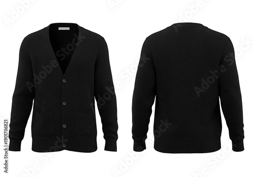 Black cardigan displayed on white backdrop showcasing its front and back details in a studio setting, highlighting its texture and style.