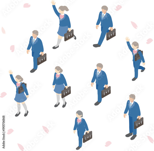 High School Students in Uniform Vector. Isometric Characters for Entrance Ceremony and New School Year