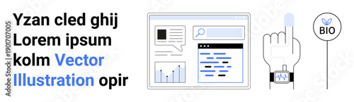 Technology, digital interface, user authentication, data visualization, biometrics, and future tech. A search bar, charts fingerprint scanner and bio icon. Focus on technology and user