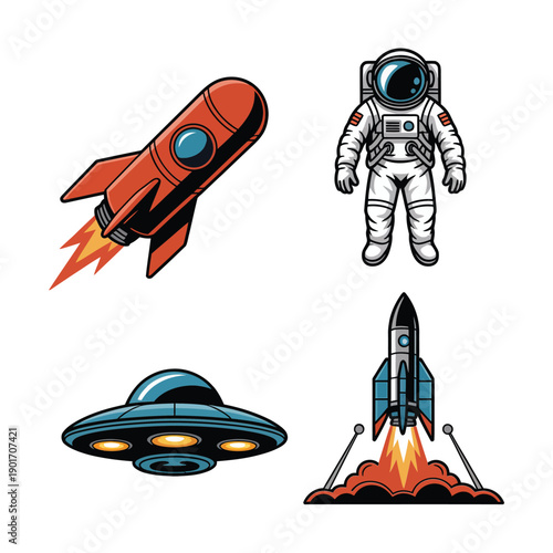 Space exploration icons, rocket launch, astronaut suit, flying saucer, science fair banner, rocketry workshop session, planetarium field trip poster