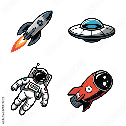 Space exploration festival icons, rocket launch day, ufo sighting theme, astronaut badge, science fair session graphics for astronomy night