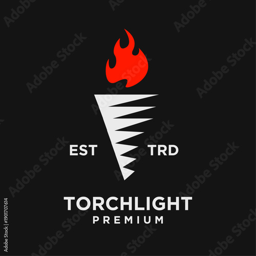 Modern Stylized Torch and Flame Logo Vector Icon Design on Black Background