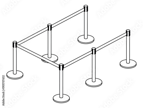 Isometric line art queue barrier set featuring stanchions and ropes for crowd control