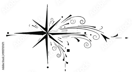 Elegant black graphic flourish with a compass starburst element