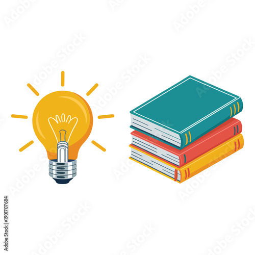 Light bulb idea and stacked books icons for study resources, knowledge growth, library promotion, tutoring service, online course graphics