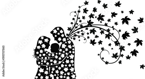Family silhouette embraced by swirling autumn leaves, symbolizing connection and growth