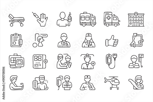 Hospital, Ambulance, and Patient Care Line Icons
