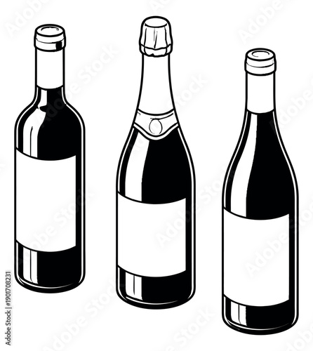 Line art bottle set featuring wine and champagne for celebrations and beverages
