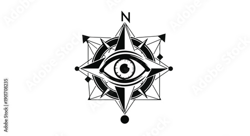 Mysterious eye within a navigational compass, symbolizing guidance and perception.