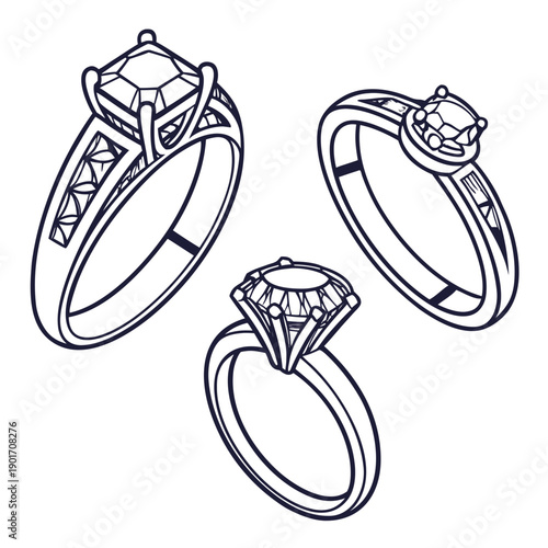 Three elegant diamond engagement rings with intricate designs and sparkling stones