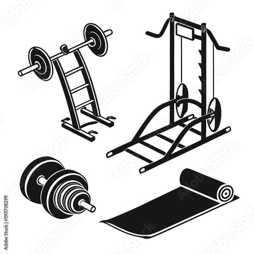 A variety of exercise equipment including weights, a bench, and a mat