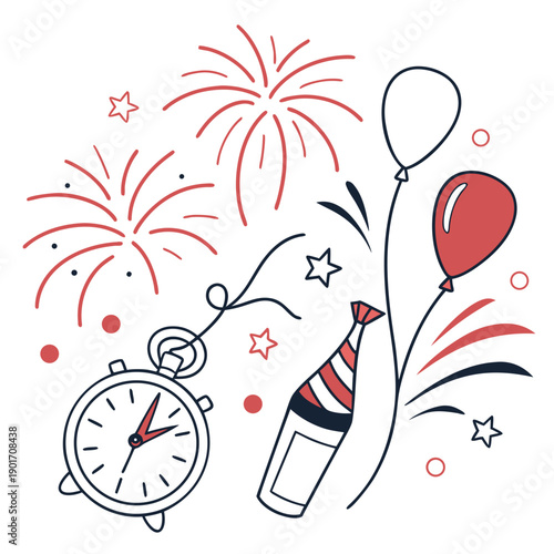 Celebration with fireworks, champagne, and balloons for a festive occasion