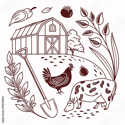 A charming illustration of a farm scene with a chicken and various vegetables.