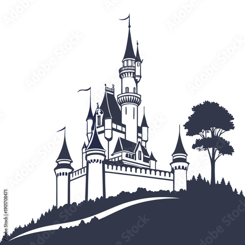 Majestic castle with turrets and towers standing tall on a hillside