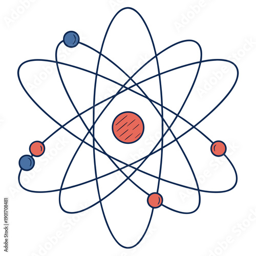 An artistic representation of an atom with nucleus and orbiting electrons.