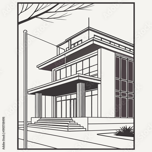 A detailed sketch of a modern two-story house with a unique architectural design