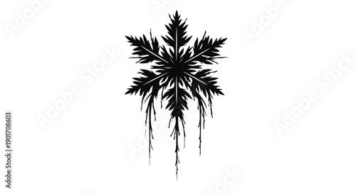 Intricate black snowflake with icy tendrils against a white background