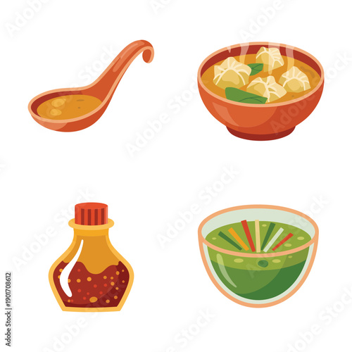 Dumpling festival icons, bowl with momo, chili oil bottle, lime wedge, tasting session, folding workshop, dipping sauce demo, vendor signage