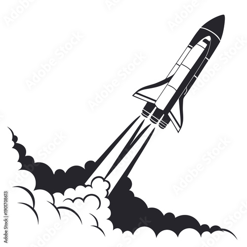 A detailed illustration of a space shuttle launching into the sky with clouds below.