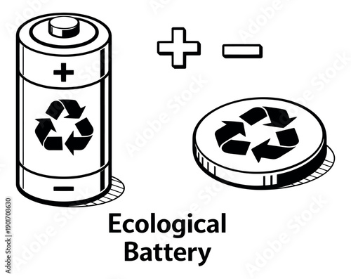 Line art ecological battery set featuring a battery with a recycling symbol, a separate circular recycle icon, and polarity signs for environmental protection