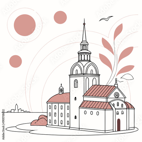 A picturesque church with a tall steeple surrounded by nature and flying birds.