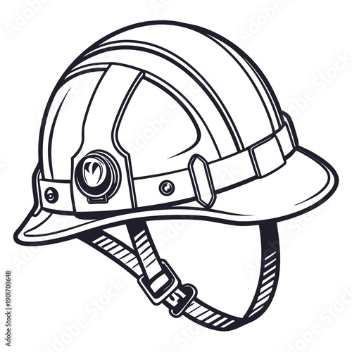 A detailed illustration of a protective helmet with a chin strap and ventilation holes