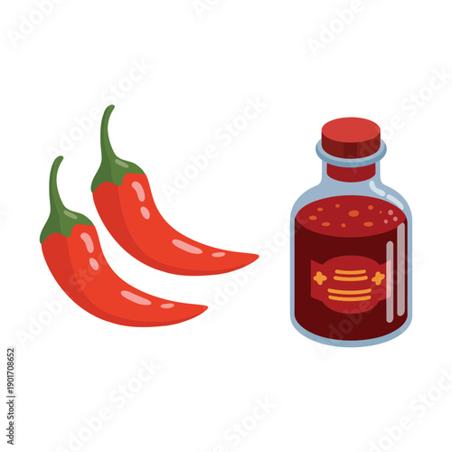 Hot pepper festival icons, red chilies with sauce bottle, heat scale challenge booth, recipe demo session, salsa competition, tasting signage
