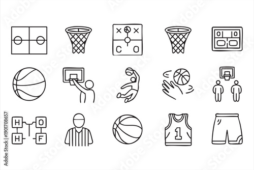 Basketball Court, Player, and Equipment Line Icons