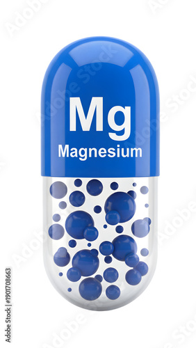 3D Illustration of Magnesium Capsule with Blue Bubbles