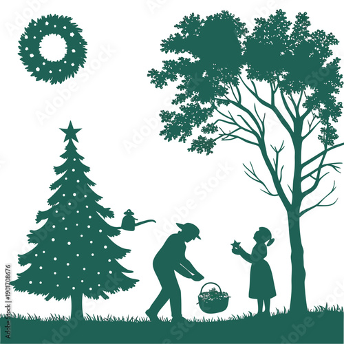 A family enjoying a day out in the park with autumn decorations and a christmas tree.