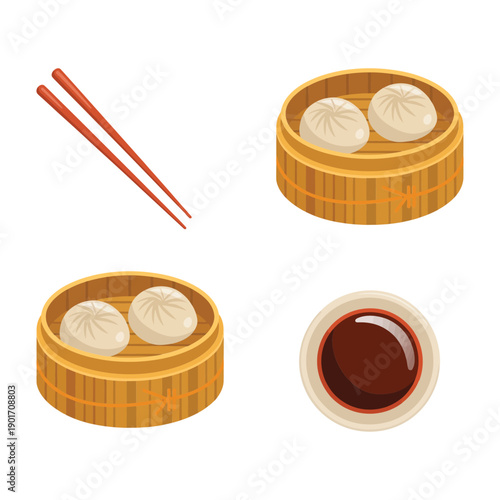 Dim sum brunch set, chopsticks, bamboo steamers, dipping sauces, restaurant week promotion, tasting session flyer, yum cha celebration vector design