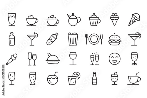 Cafe, Bar, and Beverage Line Icons Collection