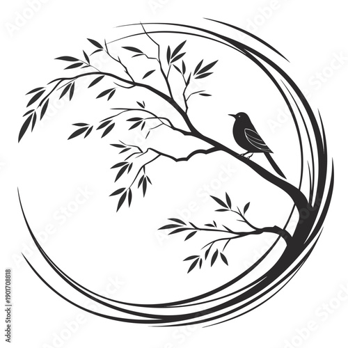 A black and white illustration of a bird perched on a branch within a circular frame