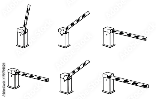 Line art barrier gate set featuring multiple automatic gates in various open and closed positions for traffic and access control