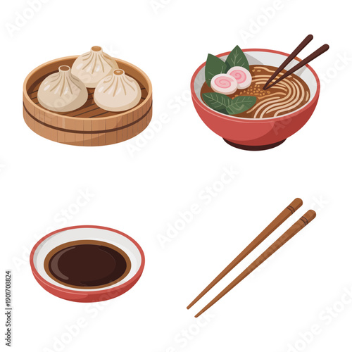 Soup dumplings and ramen combo, dipping sauce, chopsticks, foodie weekend event poster, dim sum tasting session, restaurant promotion vector