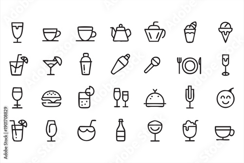 Drinks, Desserts, and Restaurant Service Line Icons