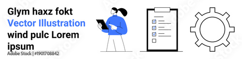 Productivity, organization, project planning, team management, workflow optimization, operations. Female professional holding a tablet, checklist clipboard and a gear symbol. Productivity