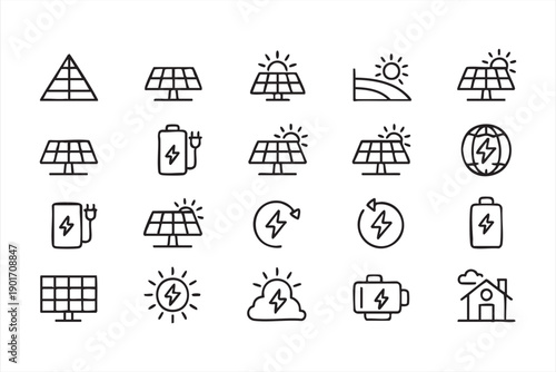 Solar Energy and Renewable Power Line Icons for Clean Technology