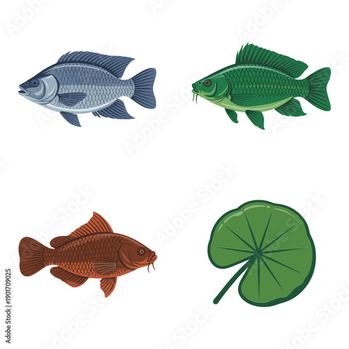 Lake fish collection with silver and green species and lotus pad, realistic freshwater icons for field guide, outdoor magazine