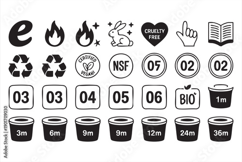 Sustainable Packaging Icons Set with Vegan, Recycling, and Eco Labels