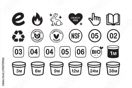 Product Packaging Symbols Set Including Recycling and Safety Icons