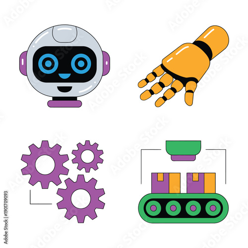 Robotics automation vector set with robot head, robotic arm, conveyor, cogs, engineering icons for workshop, technology lesson, science event design