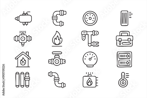 Clean Line Icons of Radiator, Boiler, Gas, and Water Systems