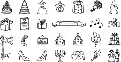 Wedding Black and White Line Art Icons Set. Hand-Drawn Outline Symbols for Marriage, Celebration, and Event Design.